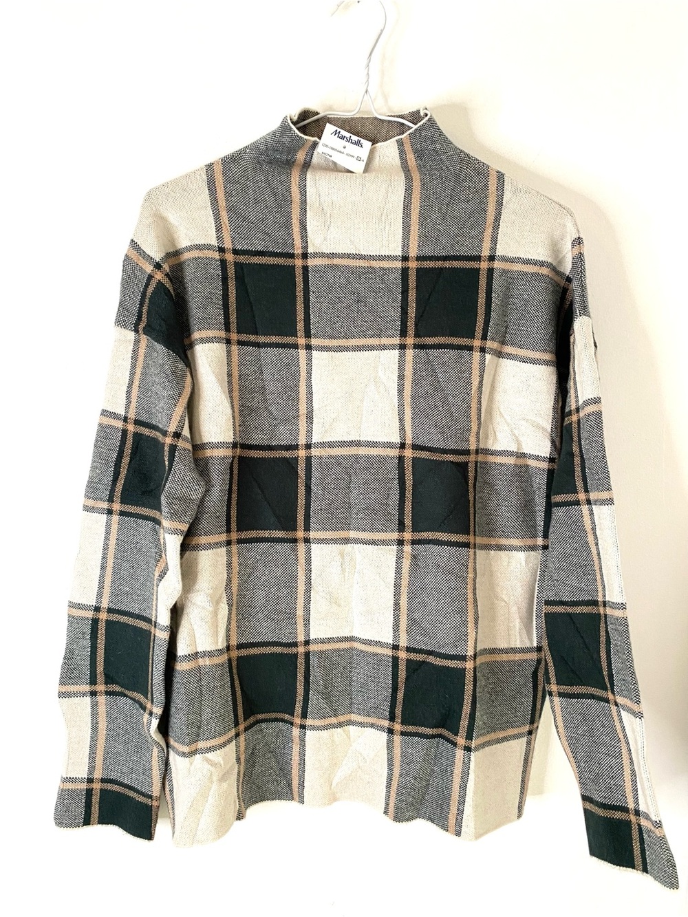 Tahari NWT Forest Green Cream Windowpane Plaid Mock Neck Sweater
